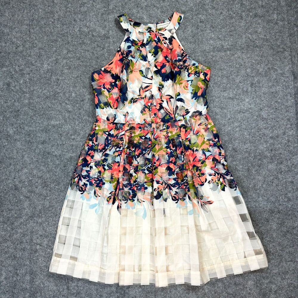 Katherine Kelly Womens Size 14 Floral Halter Neck Fit & Flare Dress Sheer Shadow